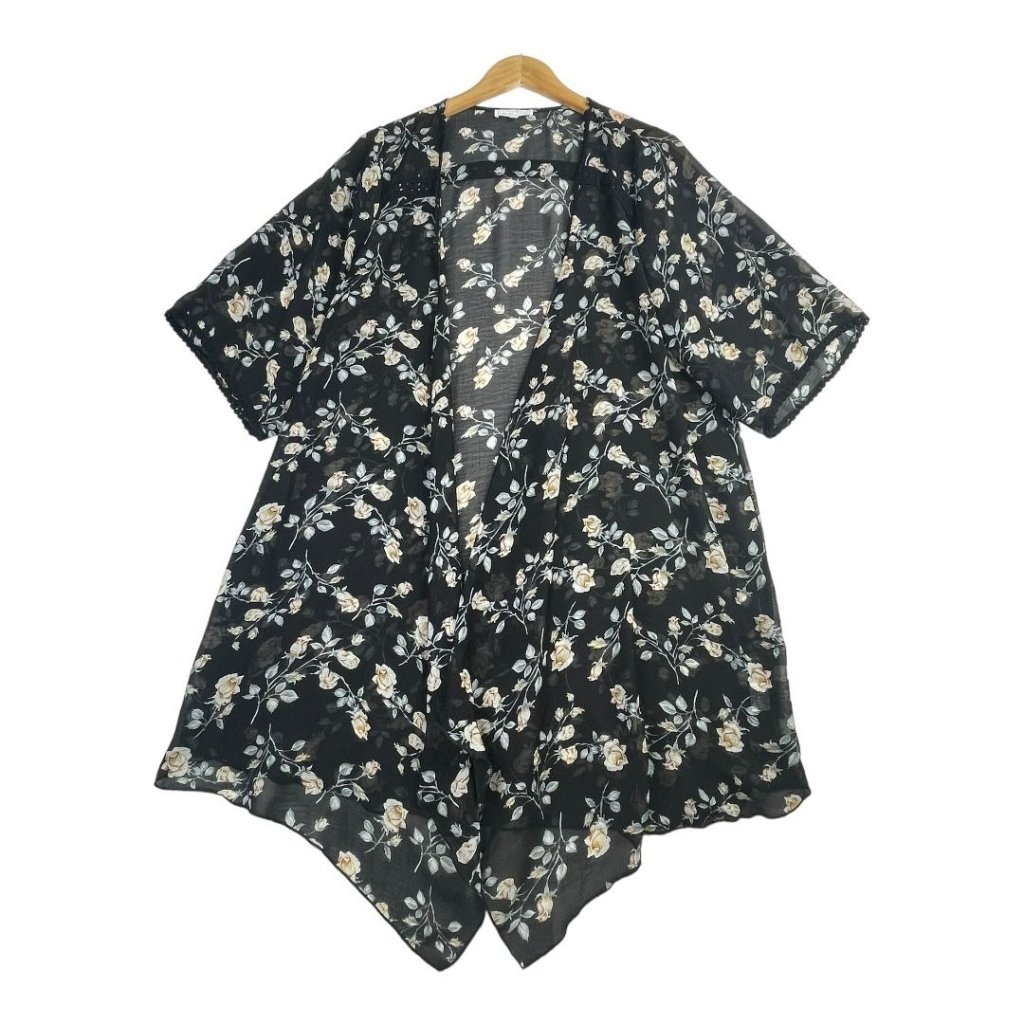Emory Park Floral Print Open Cardigan Size Large Black As Is